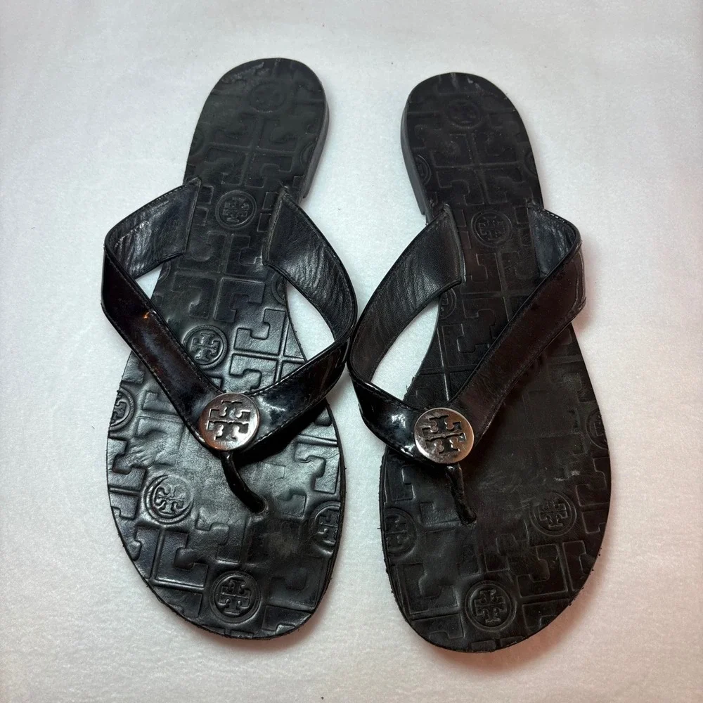 Tory Burch Miller Black Patent Leather Logo Thong Flip Flop Sandals Women 9M